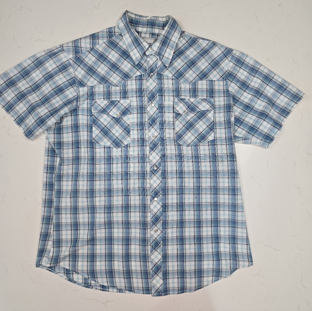 VTG Wrangler Pearl Snap Blue Short Sleeve Size Large